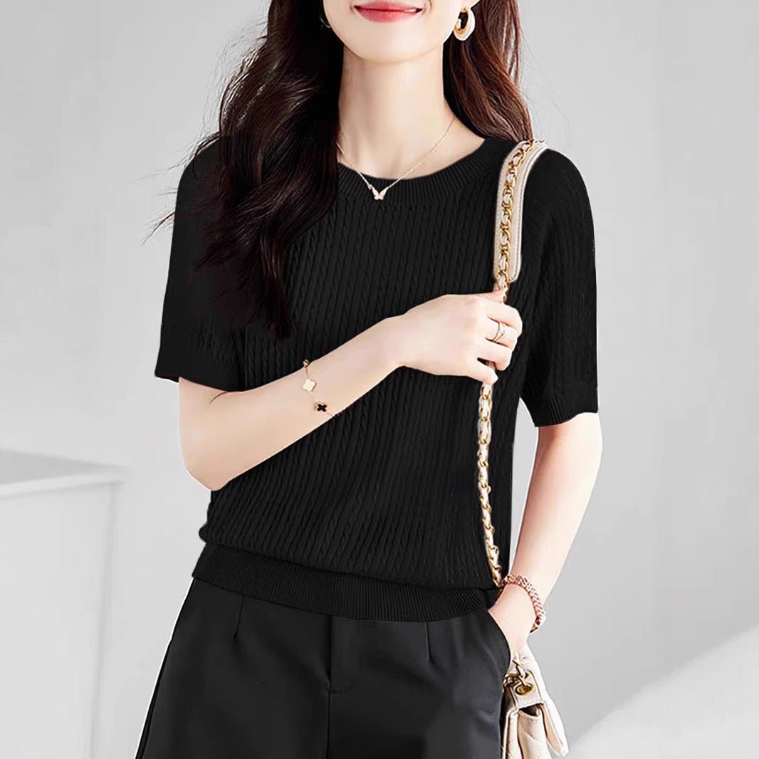 Curved bead ice silk knitted sweater slim top summer thin French crew neck high - end twisted texture t-shirt women's clothing - Negative Apparel