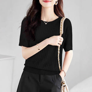Curved bead ice silk knitted sweater slim top summer thin French crew neck high - end twisted texture t-shirt women's clothing - Negative Apparel