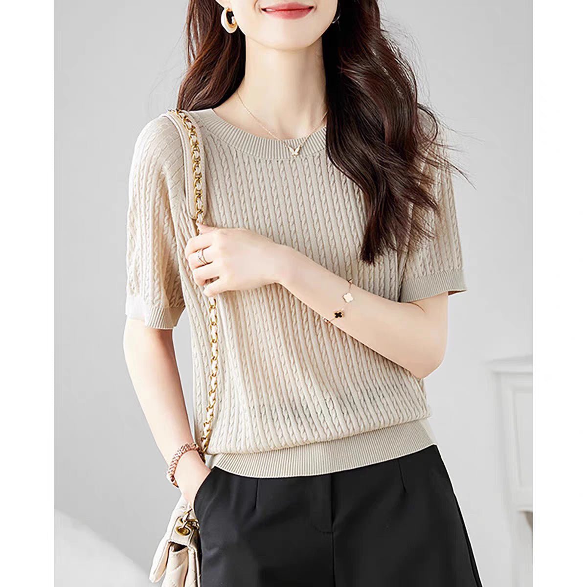 Curved bead ice silk knitted sweater slim top summer thin French crew neck high - end twisted texture t-shirt women's clothing - Negative Apparel