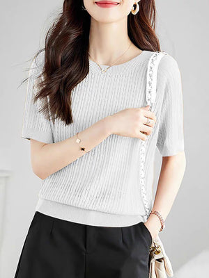 Curved bead ice silk knitted sweater slim top summer thin French crew neck high - end twisted texture t-shirt women's clothing - Negative Apparel