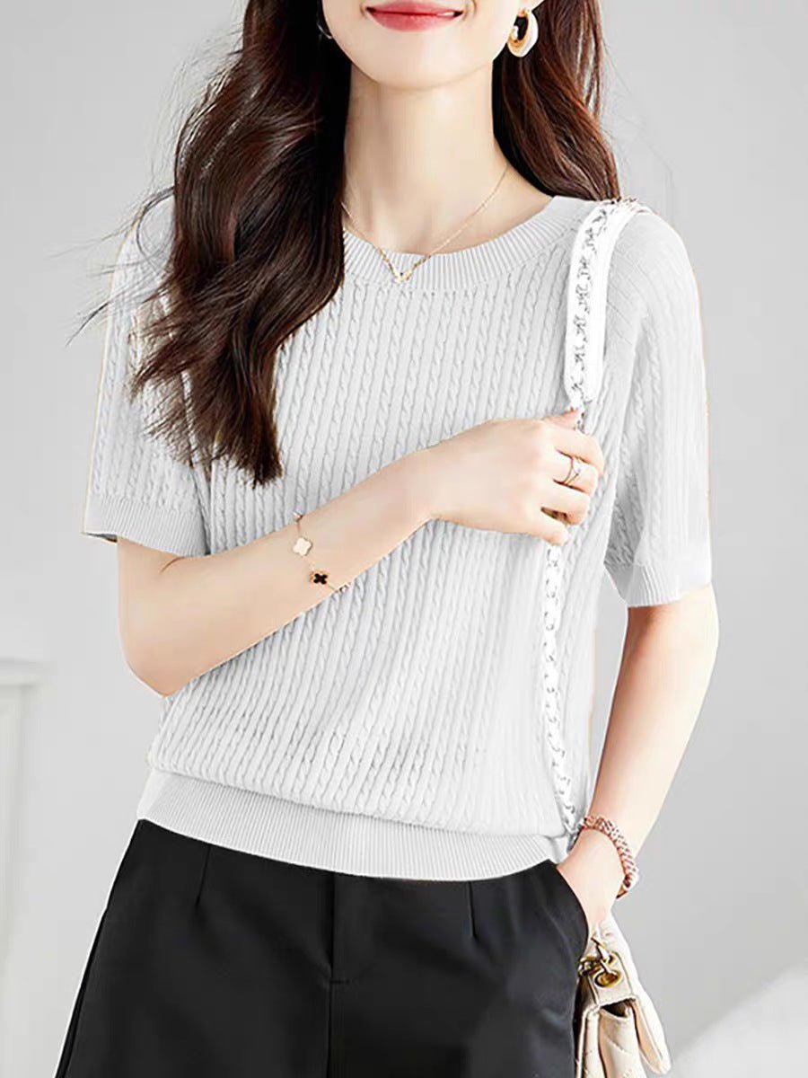 Curved bead ice silk knitted sweater slim top summer thin French crew neck high - end twisted texture t-shirt women's clothing - Negative Apparel
