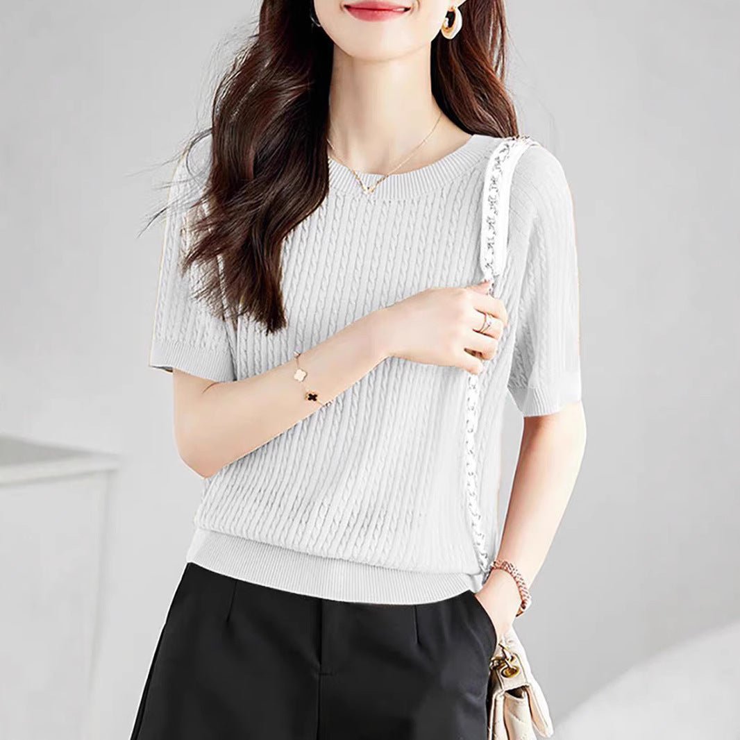 Curved bead ice silk knitted sweater slim top summer thin French crew neck high - end twisted texture t-shirt women's clothing - Negative Apparel
