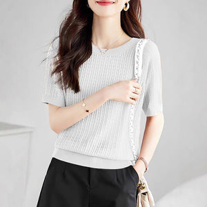 Curved bead ice silk knitted sweater slim top summer thin French crew neck high - end twisted texture t-shirt women's clothing - Negative Apparel