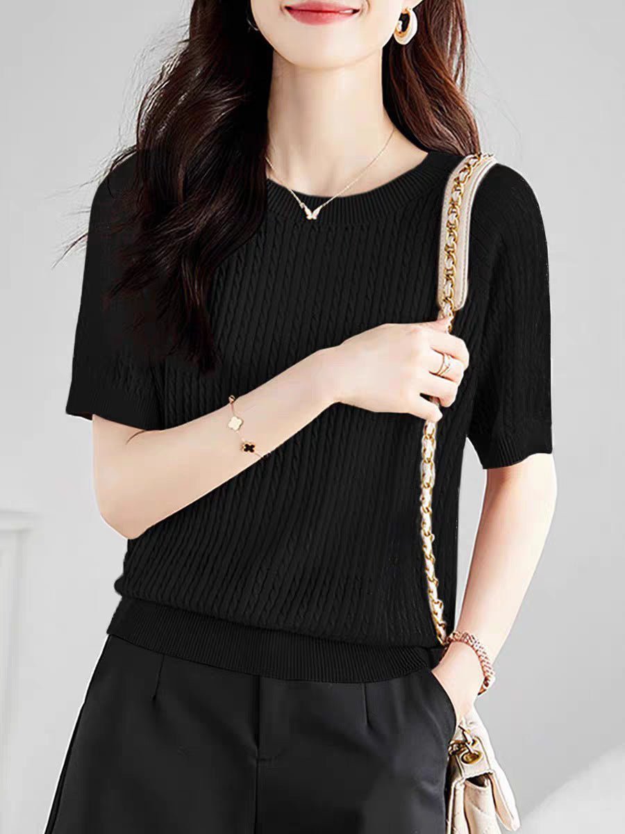 Curved bead ice silk knitted sweater slim top summer thin French crew neck high - end twisted texture t-shirt women's clothing - Negative Apparel