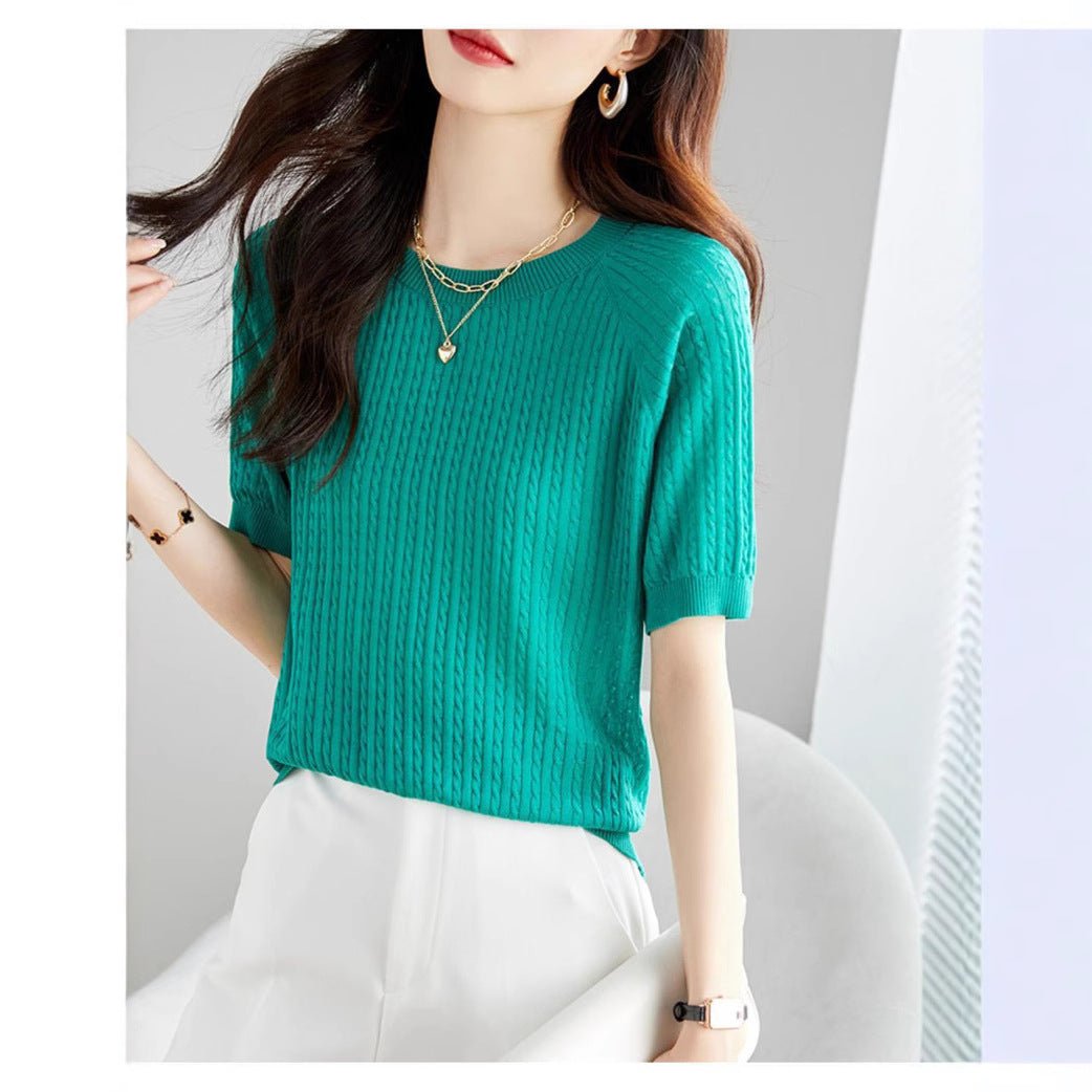Curved bead ice silk knitted sweater slim top summer thin French crew neck high - end twisted texture t-shirt women's clothing - Negative Apparel