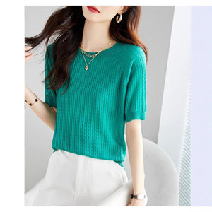 Curved bead ice silk knitted sweater slim top summer thin French crew neck high - end twisted texture t-shirt women's clothing - Negative Apparel