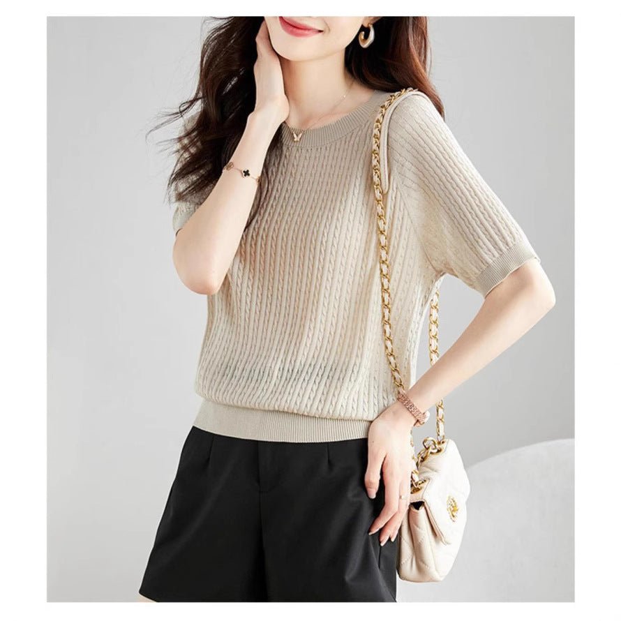 Curved bead ice silk knitted sweater slim top summer thin French crew neck high - end twisted texture t-shirt women's clothing - Negative Apparel