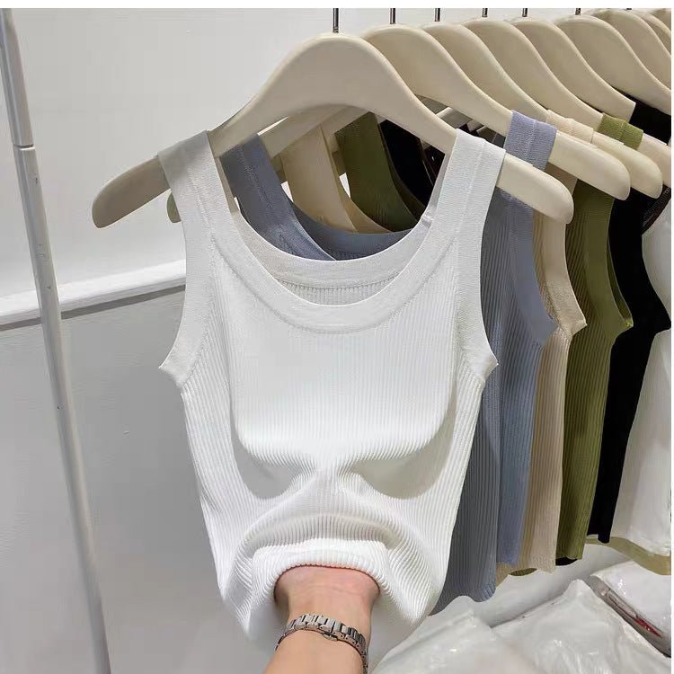 Curved bead U - neck irregular small suspender vest women's inner ice silk knitted bottoming shirt slim solid color top summer tide - Negative Apparel
