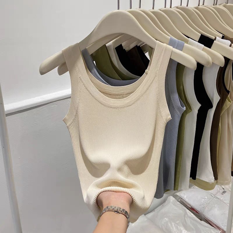 Curved bead U - neck irregular small suspender vest women's inner ice silk knitted bottoming shirt slim solid color top summer tide - Negative Apparel