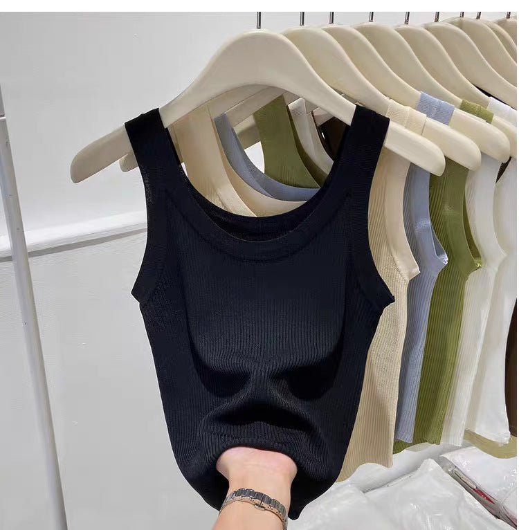 Curved bead U - neck irregular small suspender vest women's inner ice silk knitted bottoming shirt slim solid color top summer tide - Negative Apparel