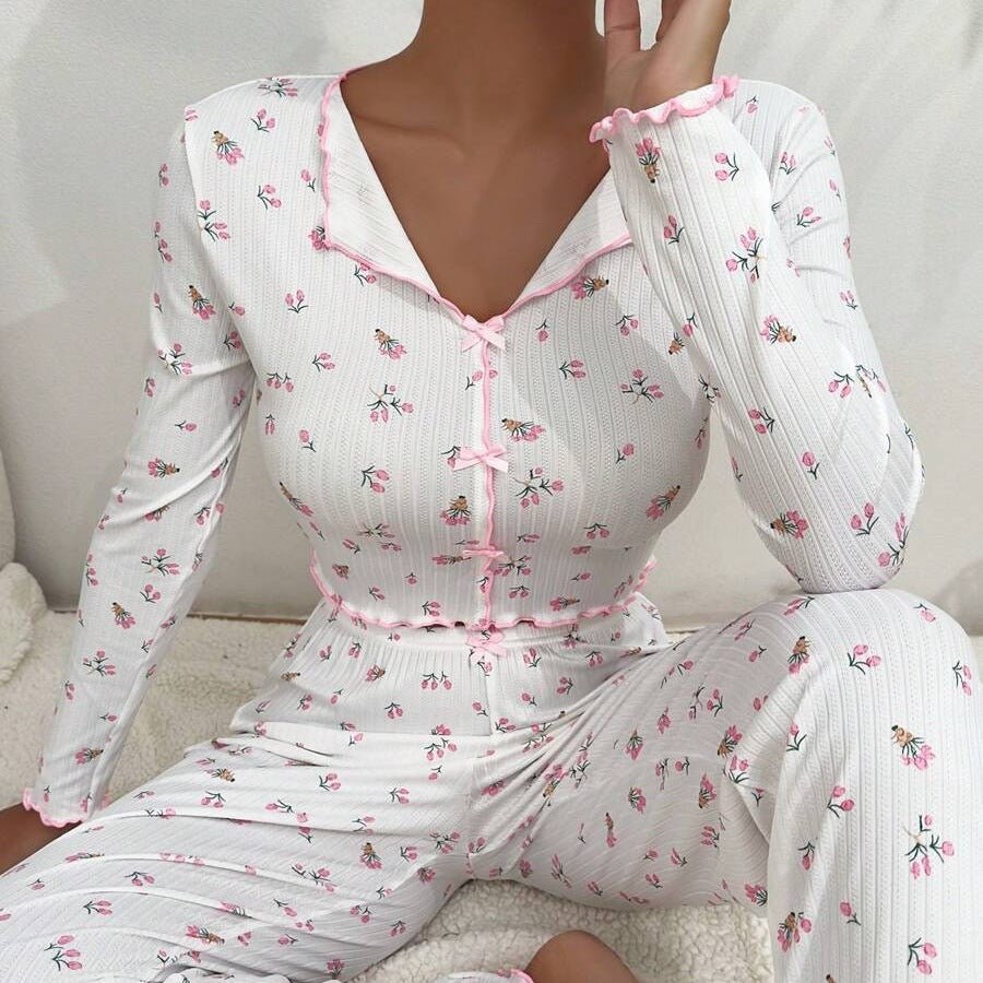 Cute bow tie lapel hem long - sleeved loungewear set - Negative Apparel