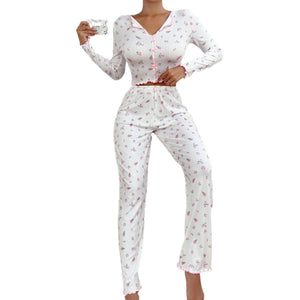 Cute bow tie lapel hem long - sleeved loungewear set - Negative Apparel