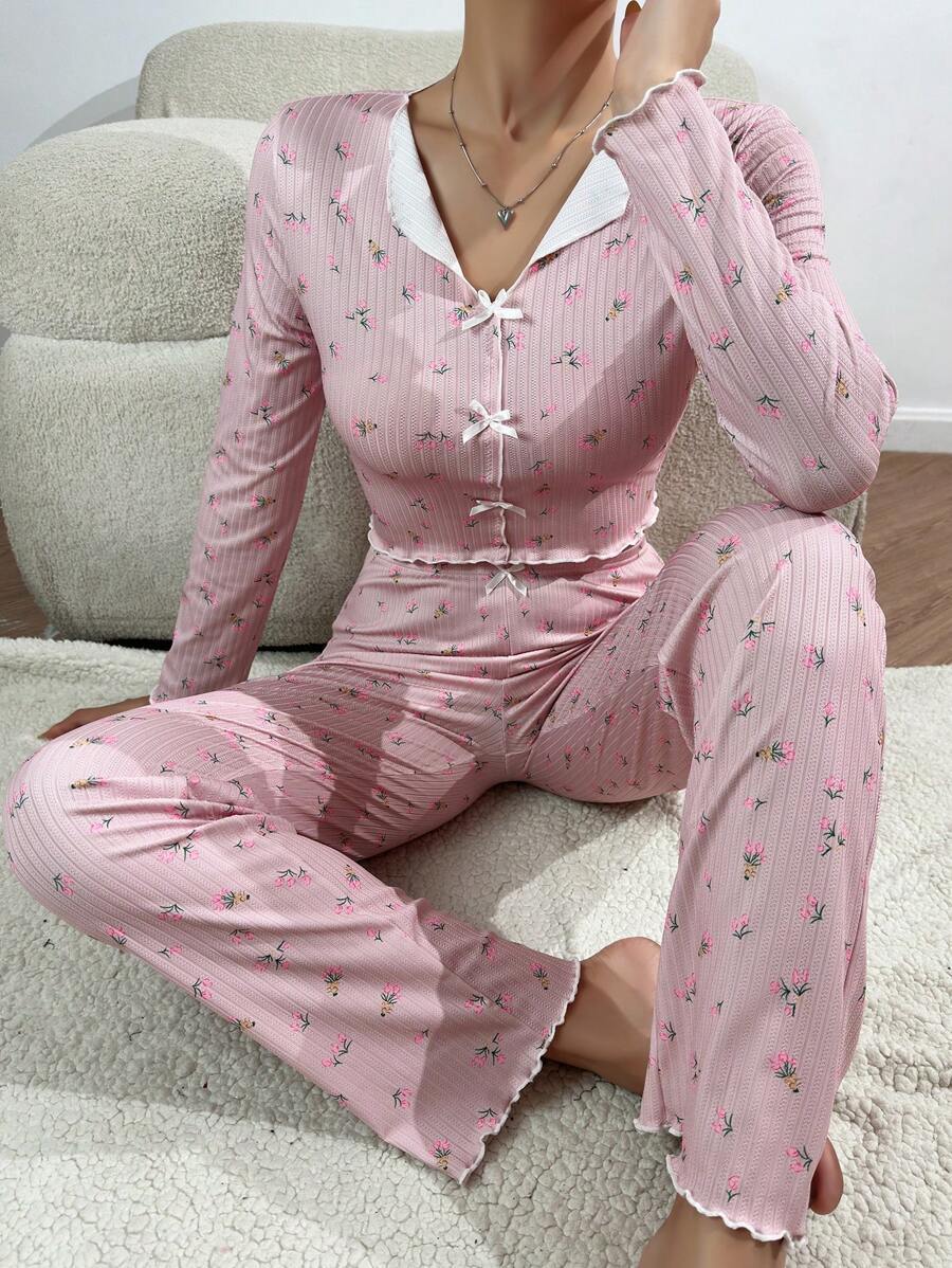 Cute bow tie lapel hem long - sleeved loungewear set - Negative Apparel