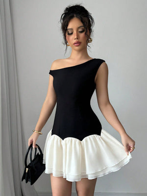 Dark And Light Color Block Woven Twill Splicing Organza Design Sleeveless Asymmetric Off - Shoulder New Women's Black Short Dress - Negative Apparel