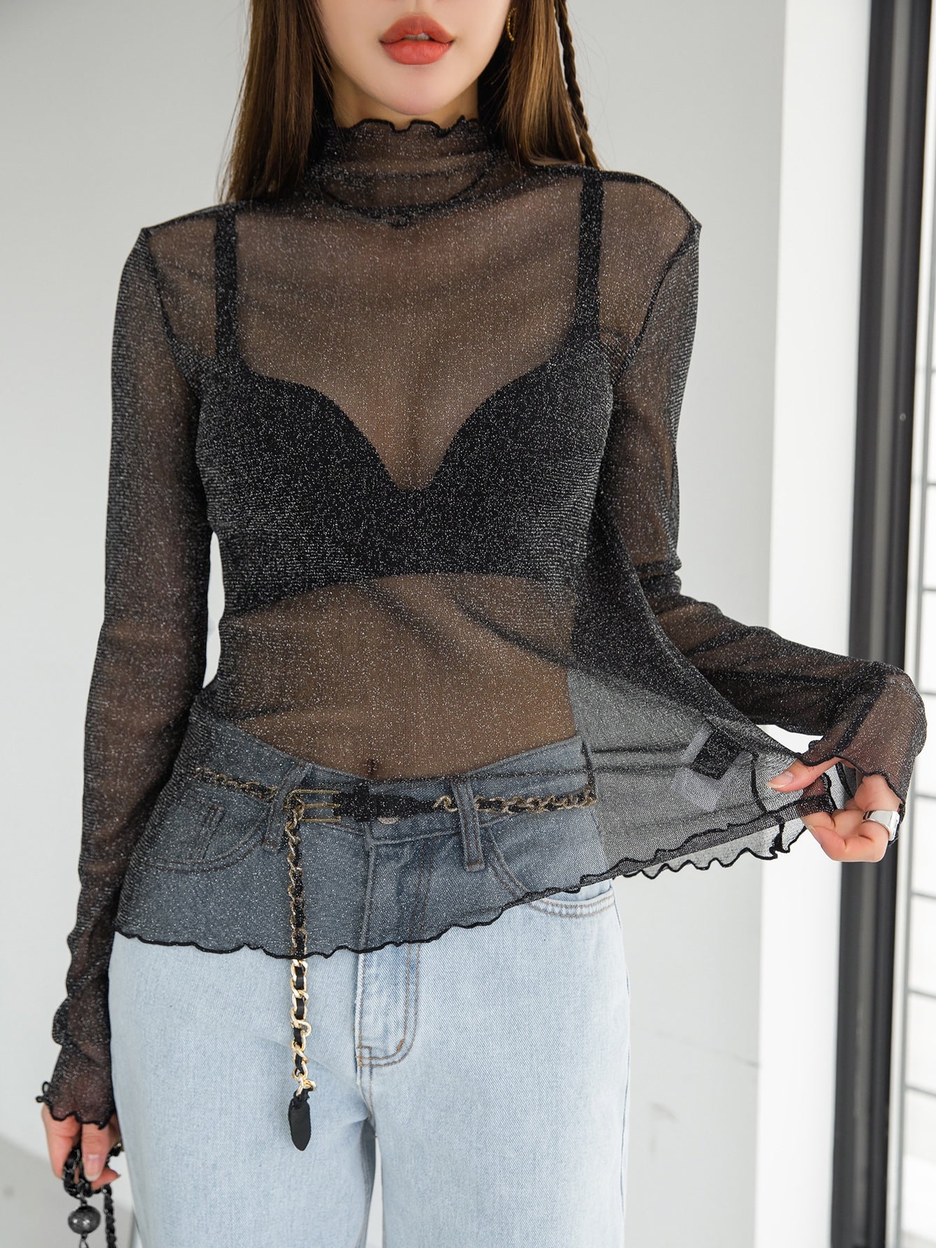 DAZY Lettuce Trim Mock Neck Mesh Top Without Bra - Negative Apparel