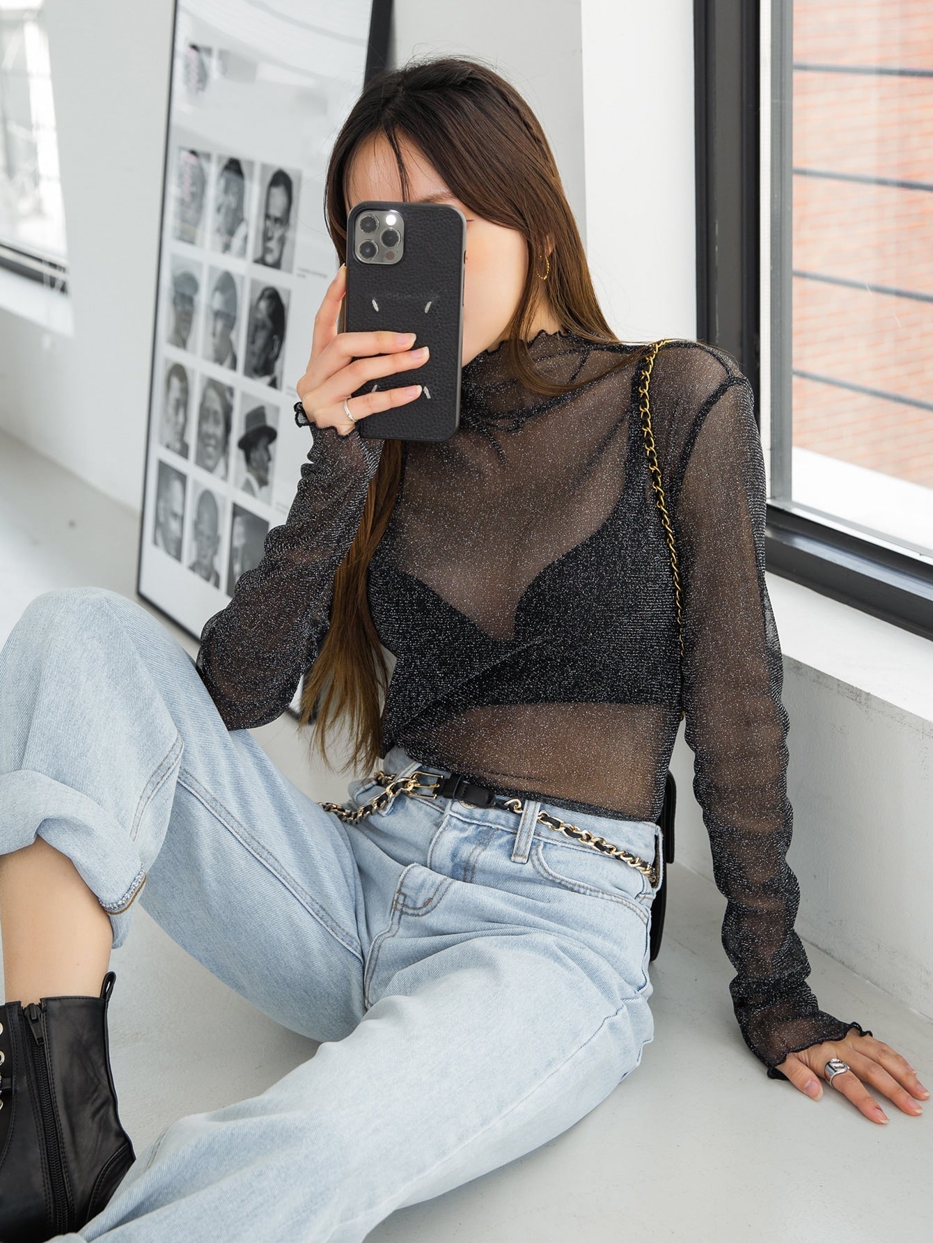 DAZY Lettuce Trim Mock Neck Mesh Top Without Bra - Negative Apparel