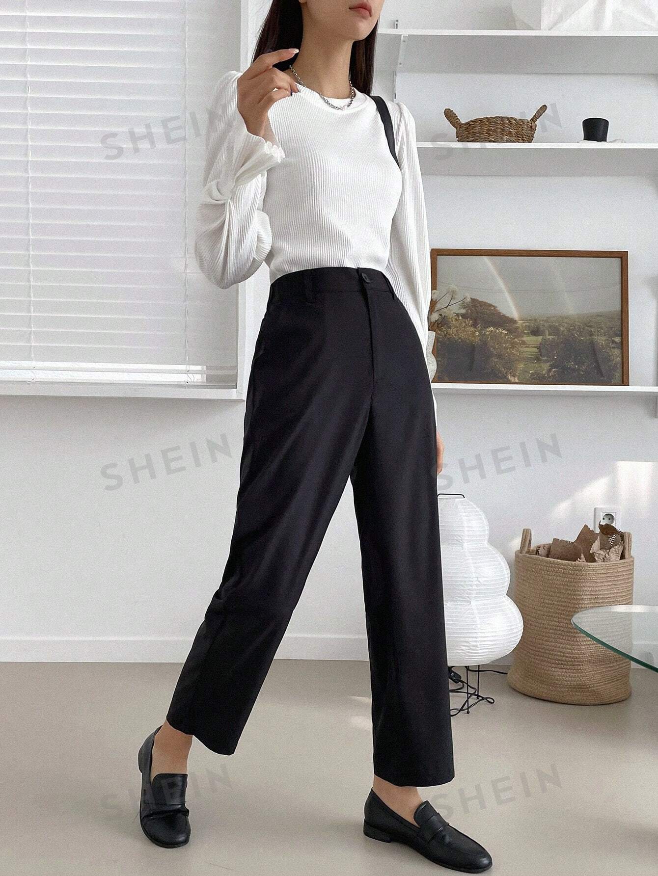 DAZY Solid Color Straight Leg Long Women'S Suit Trousers - Negative Apparel