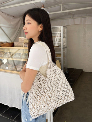 DAZY White Straw Bag Vacation Drawstring Double Handle - Negative Apparel