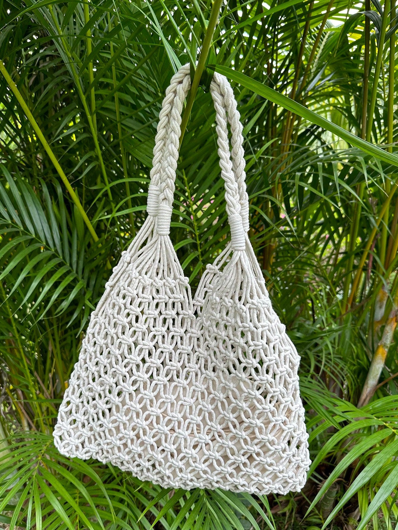 DAZY White Straw Bag Vacation Drawstring Double Handle - Negative Apparel