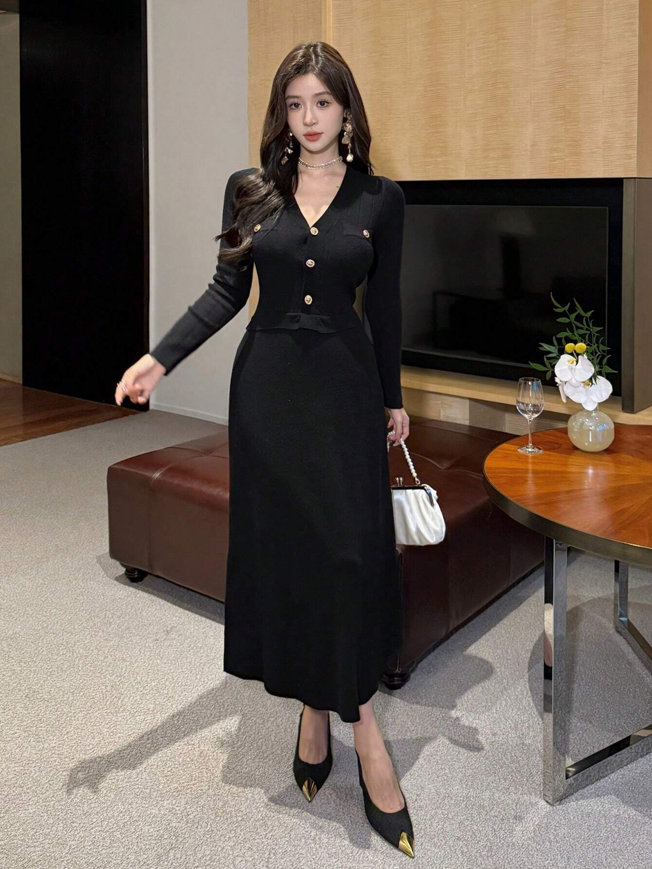 DAZY Women's Elegant Solid Color Long Knitted Sweater Dress, Autumn/Winter,Fall Women Clothes - Negative Apparel