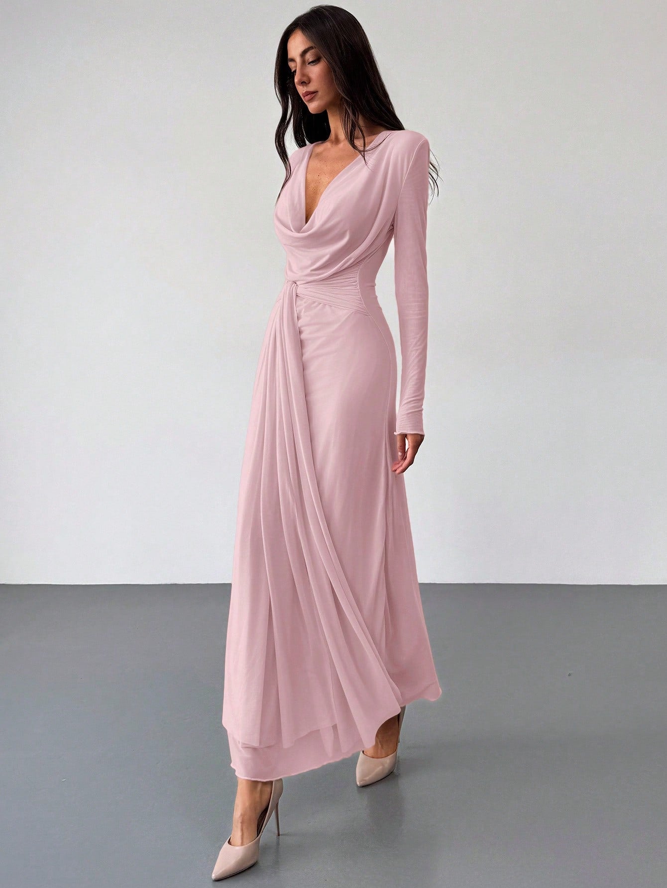 Deep Draped Neck Long Sleeve Tight-Fitting Mesh Lace Dress, Negative Apparel Deep Draped Neck Long Sleeve Tight-Fitting Mesh Lace Dress, Negative Apparel