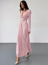 Deep Draped Neck Long Sleeve Tight - Fitting Mesh Lace Dress, Apricot, Romantic For Date & Outing - Negative Apparel