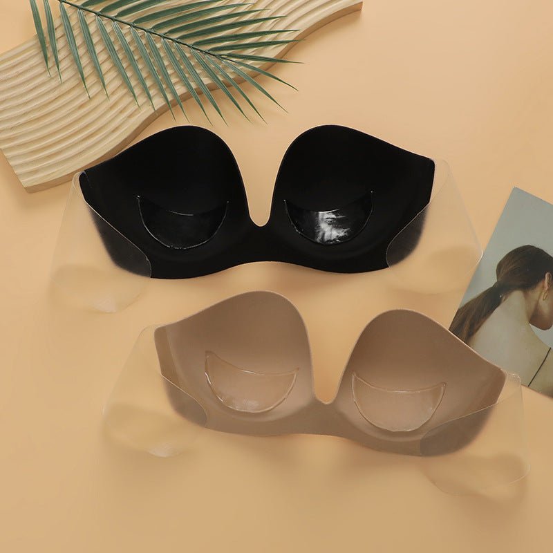 Deep U gathered invisible breast stickers transparent side wings half cup gathered one - piece strapless bra - Negative Apparel