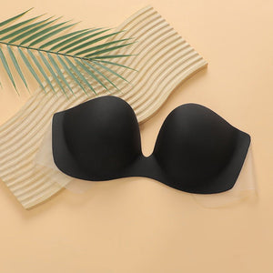 Deep U gathered invisible breast stickers transparent side wings half cup gathered one - piece strapless bra - Negative Apparel