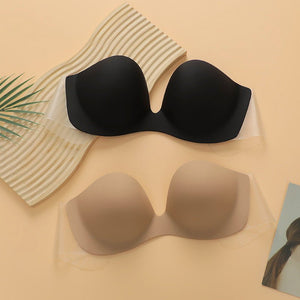 Deep U gathered invisible breast stickers transparent side wings half cup gathered one - piece strapless bra - Negative Apparel