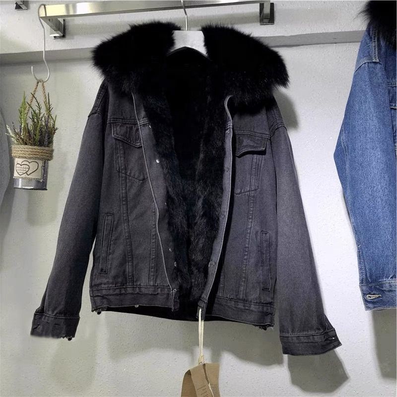 Denim jacket with fur women's short body jacket - Negative Apparel