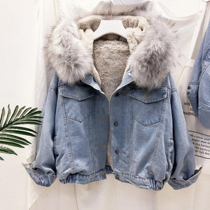 Denim jacket with fur women's short body jacket - Negative Apparel