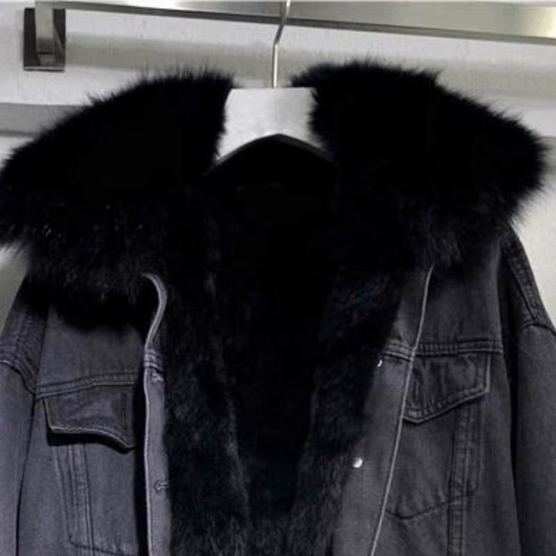 Denim jacket with fur women's short body jacket - Negative Apparel