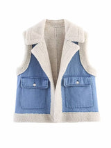 Denim splicing fur integrated double - sided vest autumn and winter lapel loose casual women's clothing - Negative Apparel