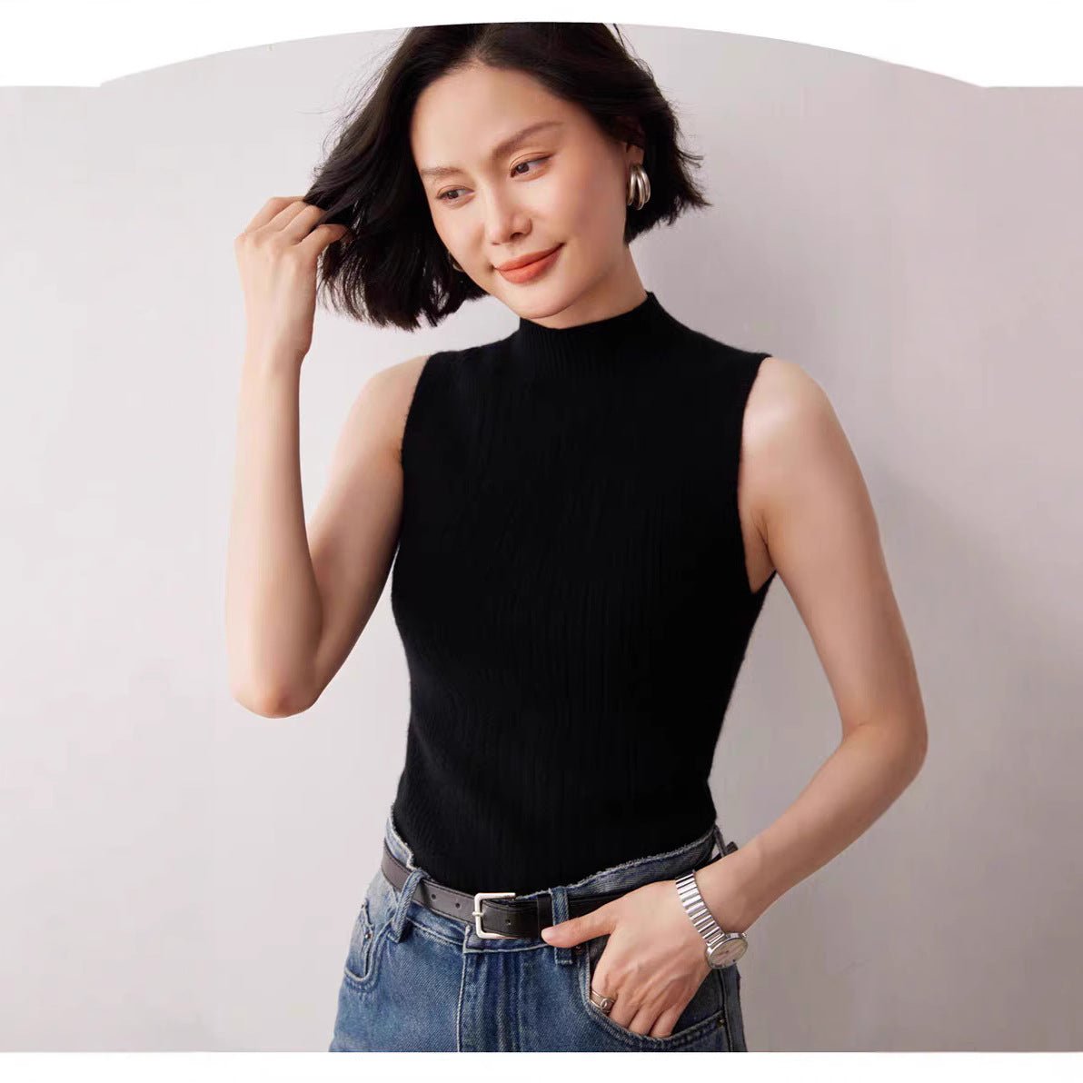 Design sense semi - turtleneck knitted vest women's suit with bottoming shirt temperament medium collar sleeveless vest spring and summer new - Negative Apparel