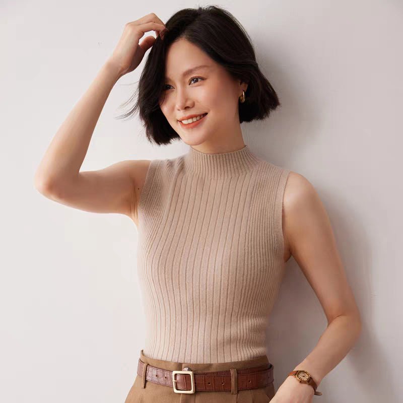 Design sense semi - turtleneck knitted vest women's suit with bottoming shirt temperament medium collar sleeveless vest spring and summer new - Negative Apparel