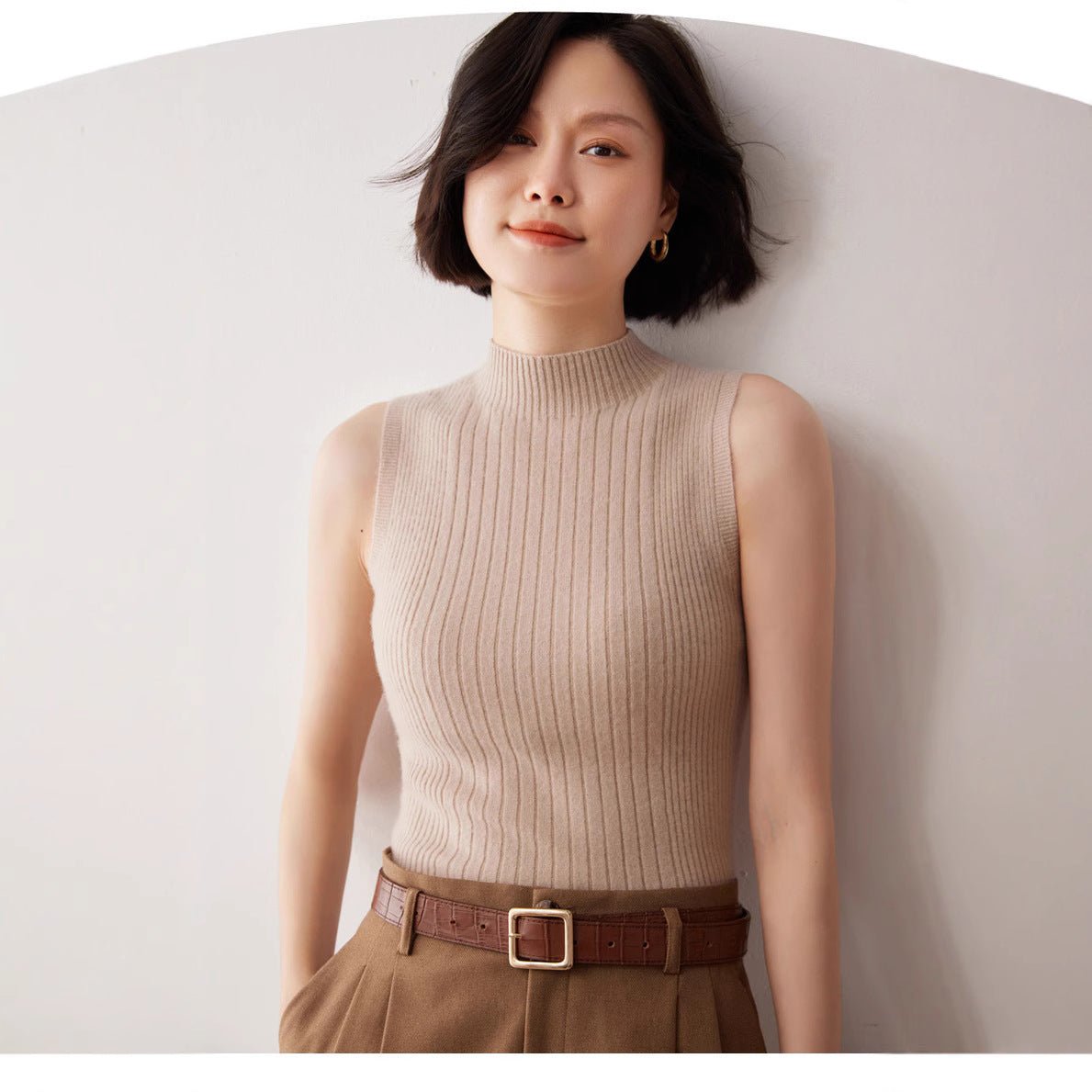 Design sense semi - turtleneck knitted vest women's suit with bottoming shirt temperament medium collar sleeveless vest spring and summer new - Negative Apparel