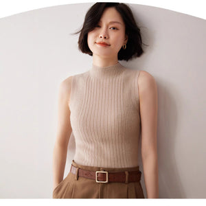 Design sense semi - turtleneck knitted vest women's suit with bottoming shirt temperament medium collar sleeveless vest spring and summer new - Negative Apparel