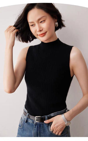 Design sense semi - turtleneck knitted vest women's suit with bottoming shirt temperament medium collar sleeveless vest spring and summer new - Negative Apparel