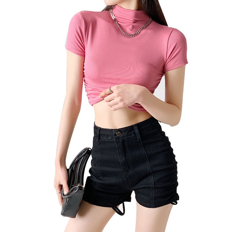 Dopamine wear bottoming shirt women's half - high collar spring and summer navel - baring short - sleeved T-shirt sexy hot girl slim short top - Negative Apparel