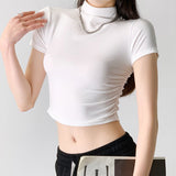 Dopamine wear bottoming shirt women's half - high collar spring and summer navel - baring short - sleeved T-shirt sexy hot girl slim short top - Negative Apparel