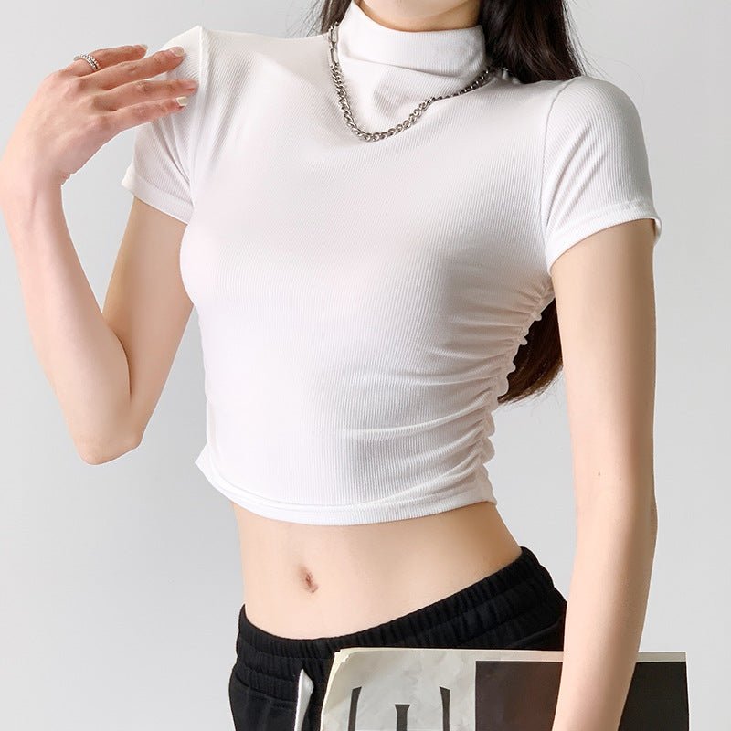 Dopamine wear bottoming shirt women's half - high collar spring and summer navel - baring short - sleeved T-shirt sexy hot girl slim short top - Negative Apparel