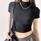 Dopamine wear bottoming shirt women's half - high collar spring and summer navel - baring short - sleeved T-shirt sexy hot girl slim short top - Negative Apparel