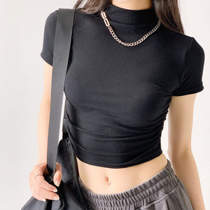 Dopamine wear bottoming shirt women's half - high collar spring and summer navel - baring short - sleeved T-shirt sexy hot girl slim short top - Negative Apparel