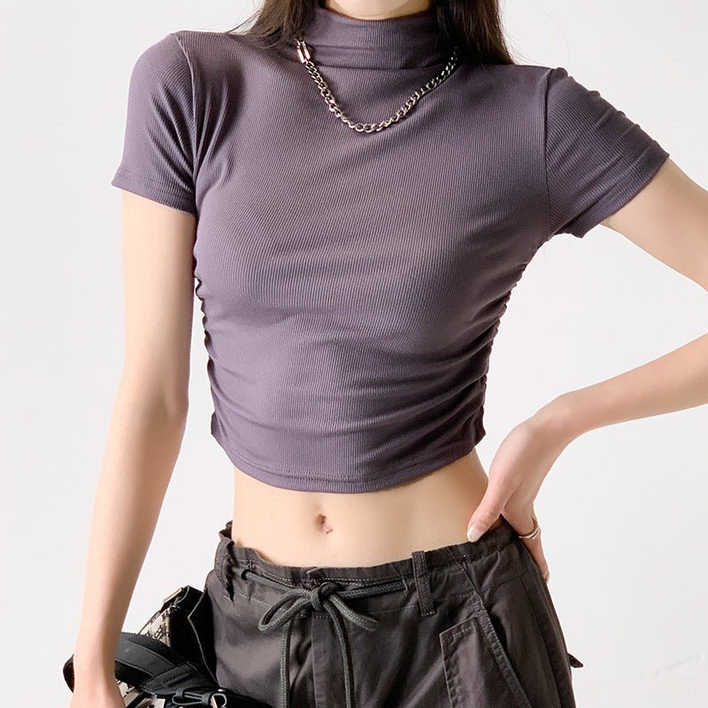Dopamine wear bottoming shirt women's half - high collar spring and summer navel - baring short - sleeved T-shirt sexy hot girl slim short top - Negative Apparel
