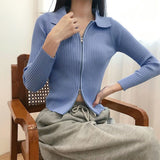 Double - ended zipper pit strip knitted cardigan women's autumn and winter short jacket tight - fitting open - button lapel collar long - sleeved top wholesale - Negative Apparel