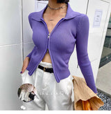 Double - ended zipper pit strip knitted cardigan women's autumn and winter short jacket tight - fitting open - button lapel collar long - sleeved top wholesale - Negative Apparel