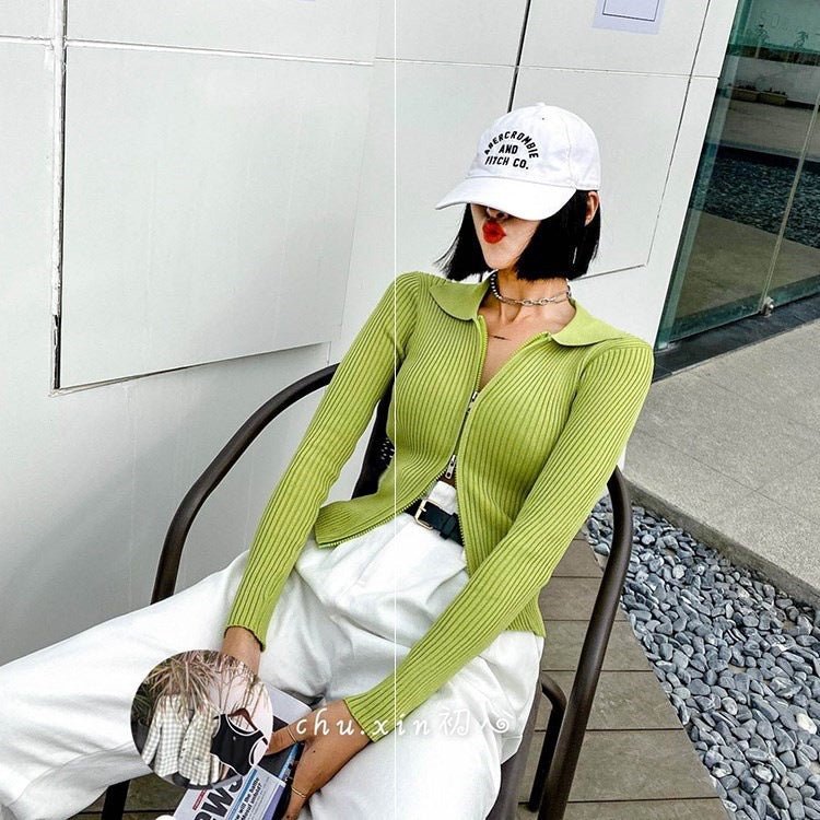 Double - ended zipper pit strip knitted cardigan women's autumn and winter short jacket tight - fitting open - button lapel collar long - sleeved top wholesale - Negative Apparel