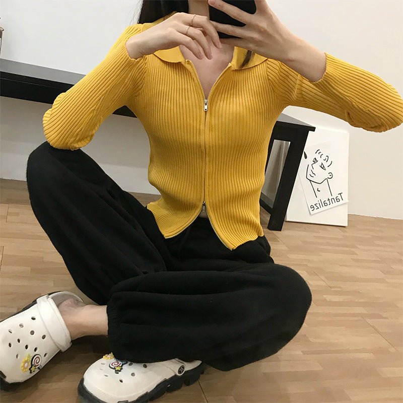 Double - ended zipper pit strip knitted cardigan women's autumn and winter short jacket tight - fitting open - button lapel collar long - sleeved top wholesale - Negative Apparel