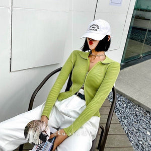 Double - ended zipper pit strip knitted cardigan women's autumn and winter short jacket tight - fitting open - button lapel collar long - sleeved top wholesale - Negative Apparel