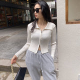 Double - ended zipper pit strip knitted cardigan women's autumn and winter short jacket tight - fitting open - button lapel collar long - sleeved top wholesale - Negative Apparel